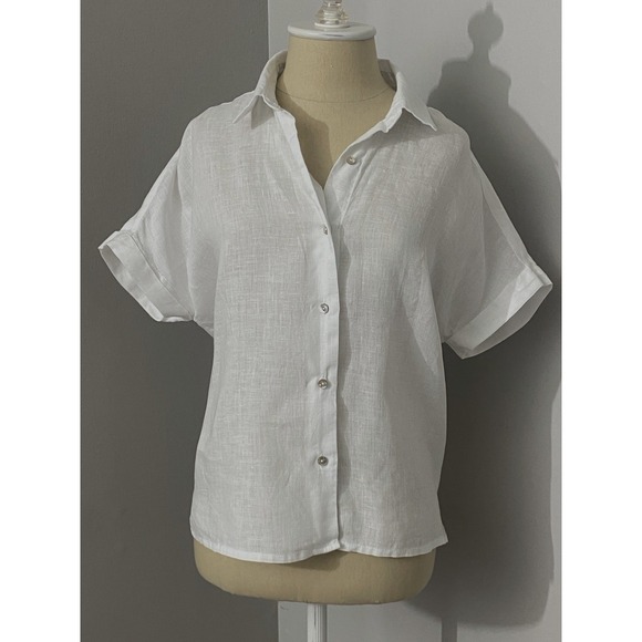 Rachel Tops - Womens 100% Linen Button Up Shirt Small White Boxy Minimalist Coastal Resort